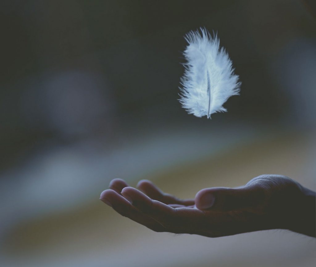 Un main ouverte qui accueille une plume légère qui tombe doucement